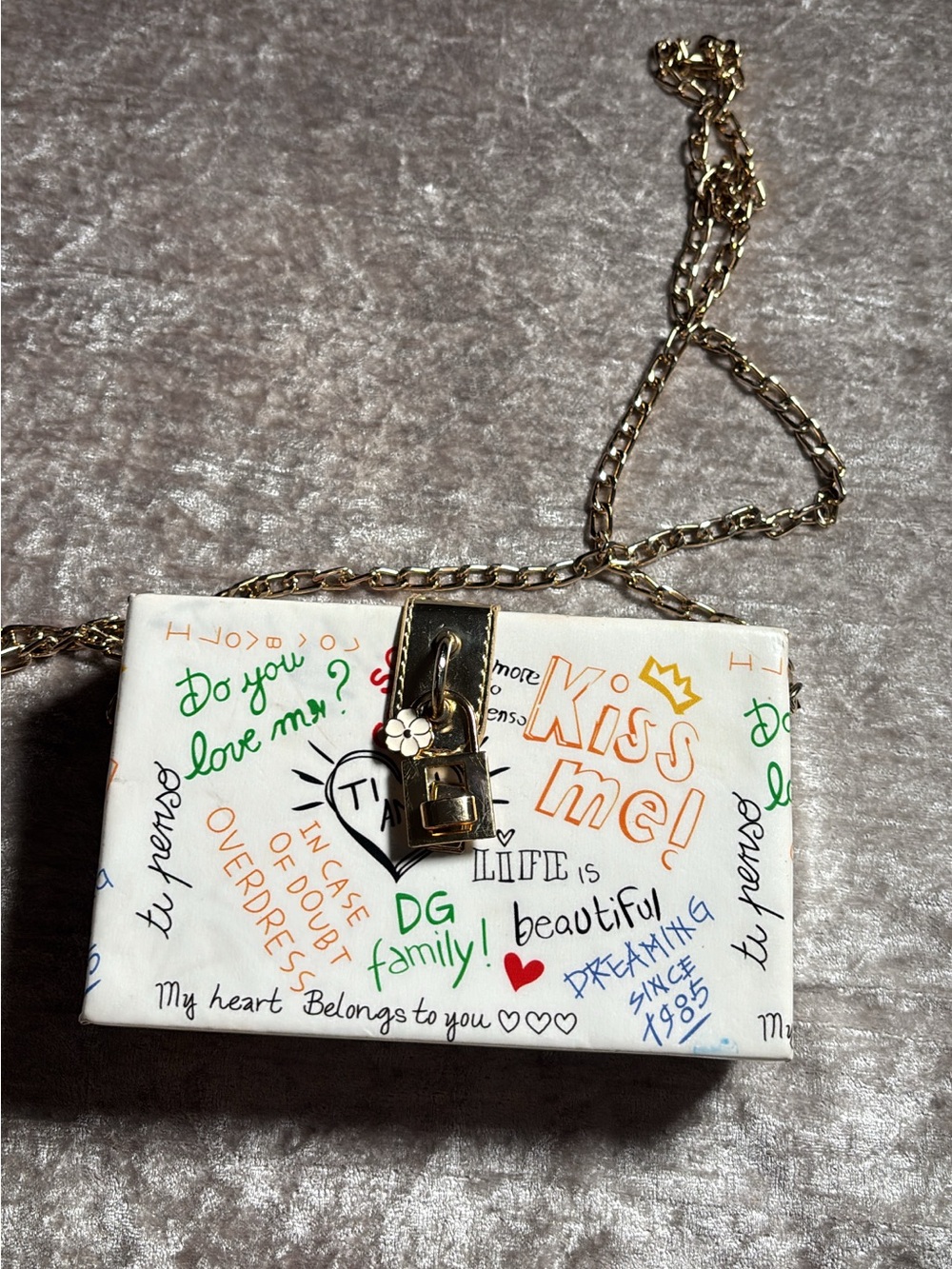 White Graffiti Print Crossbody Bag with Gold Chain